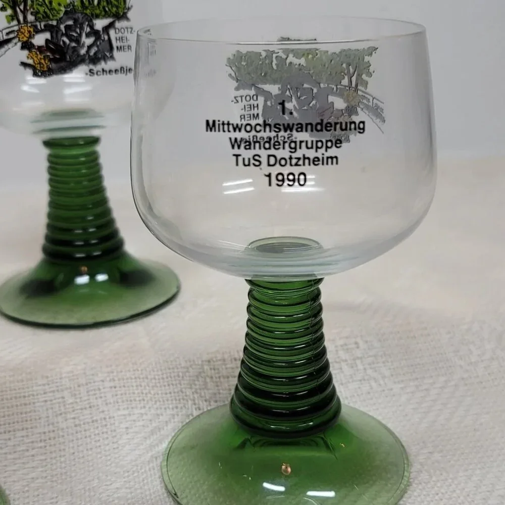 Vintage Volksmarch‎ Wine Glass DotzHeimer Scheessje, Green Stem Wine Glass 1990